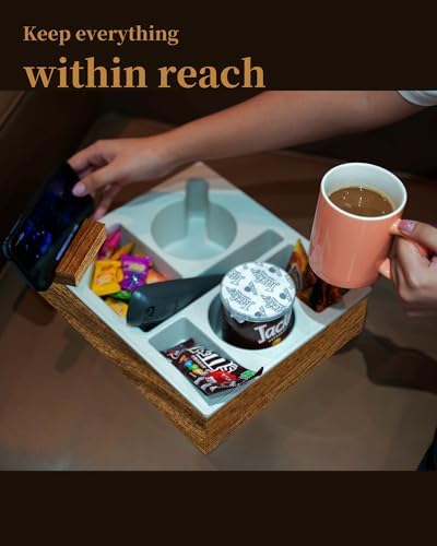 Couch Cup Holder Tray, Hitseon Soft Food Grade Silicone Acacia Wooden Couch Caddy for Bed Car Seat Beach Organizer, Anti-Spill Couch Drink Holder for Snacks Beverage Remote (Black, 11.5 * 10 * 3 in) - Image 4