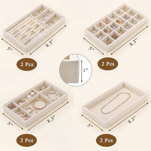 Elsjoy 8 Pack Velvet Jewelry Trays, Stackable Jewelry Organizer Trays for Drawers, Beige Jewelry Storage and Display Tray Inserts for Necklaces, Rings, Earrings - Image 2