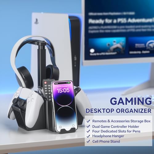 KDD Dual Controller Holder with Headphone Stand - Multi-Functional Desk Storage Box with Phone Holder - Universal Controller Stand with Desktop Organizer for Remote Control Pen Accessories(Black) - Image 2