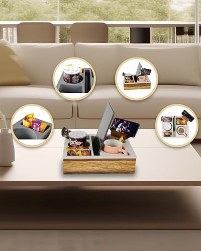 Couch Cup Holder Tray, Hitseon Soft Food Grade Silicone Acacia Wooden Couch Caddy for Bed Car Seat Beach Organizer, Anti-Spill Couch Drink Holder for Snacks Beverage Remote (Black, 11.5 * 10 * 3 in) - Image 6