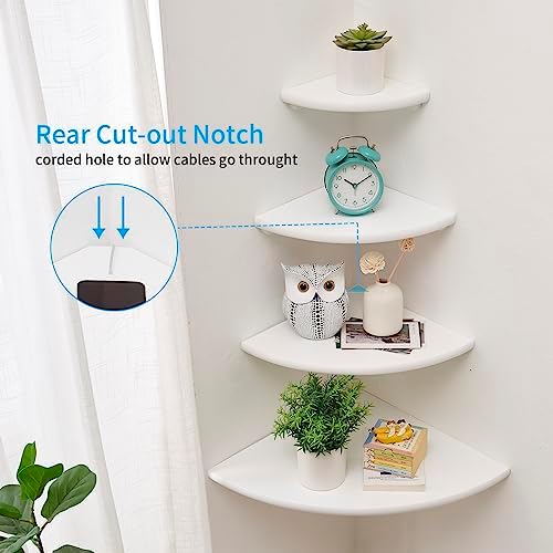 Corner Shelf, White Solid Oak Wood Floating Corner Shelves Wall Mount Round End Floating Speaker Rack Display Shelf for Small Plant Photo Frame (White, 7in) - Image 4