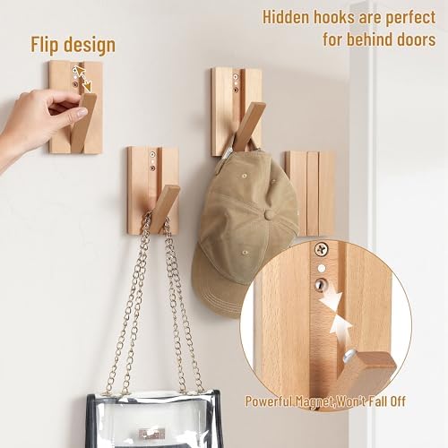 Wall Hooks for Small Space: 2Pack Foldable Wood Natural Coat Hooks - Image 3