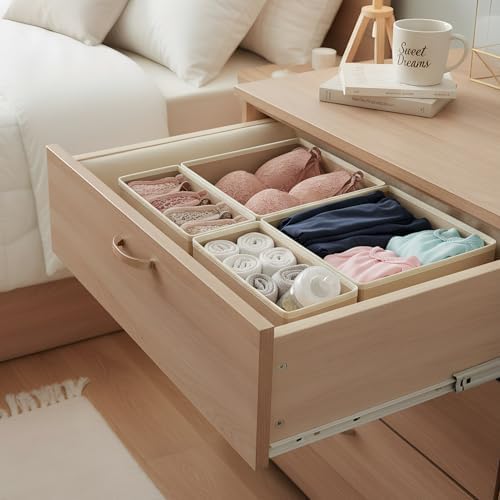 Drawer Organizer Set 4 Pack - Foldable Fabric Storage Bins with Zipper Bottom for Underwear Socks Bras Baby Clothes - Closet Dresser Organizers Dividers for Bedroom Nursery, Beige - Image 7