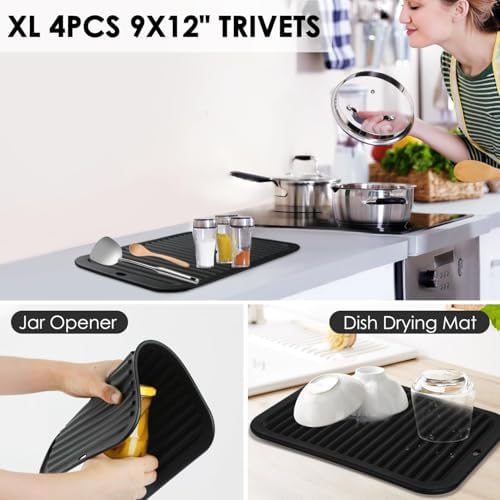 Silicone Trivets for Hot Pots and Pans, 4 Pack Heat Resistant Pot Holders for kitchen, Large Silicone Trivet Mat for Hot Dishes, Black Hot Pads for Kitchen Counter, Hot Mats Spoon Rest, 9 * 12 Inches - Image 5