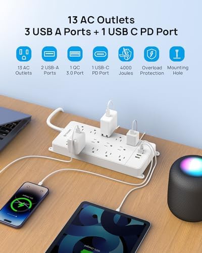 TROND 15ft Surge Protector Power Strip with 32W USB,ETL Listed, 4000J,White - Image 5