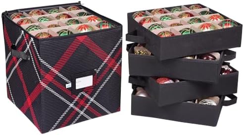 Christmas Ornament Storage Box | 4 Individual Trays with Dividers | Holiday Organizer Container | Fits 64 Ornaments Decoration Balls Holder | Strong Oxford Material (Plaid) by Primode