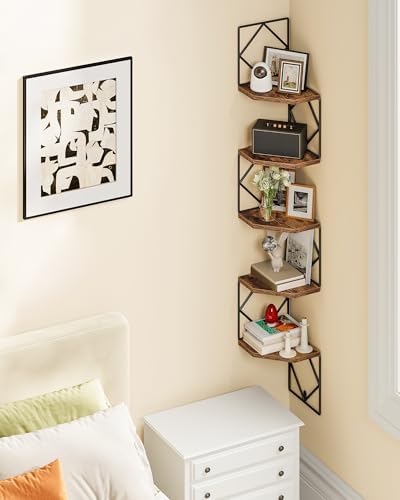 CHOEZON 5-Tier Corner Shelf, Floating Shelf, Wall-Mounted Storage Shelf, Wall Decor, Narrow Corner Bookshelf, for Living Room, Bedroom, Home Office, and Bathroom, Rustic Brown and Black TCJ35BF - Image 6