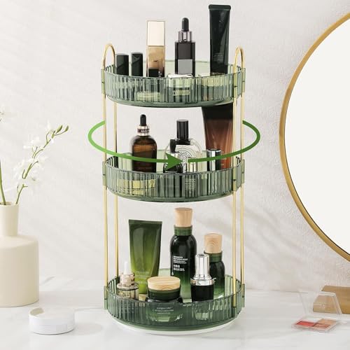 Aveniee Rotating Makeup Organizer for Vanity, Perfume Skin Care Organizers Large, Bathroom Counter Make Up Cosmetic Storage, Clear Spinning Skincare Lipstick Holder,3 Tiers, Green - Image 2