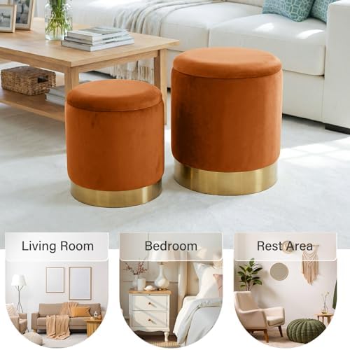 Round Ottoman with Storage Set of 2, Vanity Foot Stool with Storage, Nesting Upholstered Small Ottoman Foot Rest with Gold Plating Base for Room, Bedroom, Dorm, Orange Velvet Ottomans - Image 5