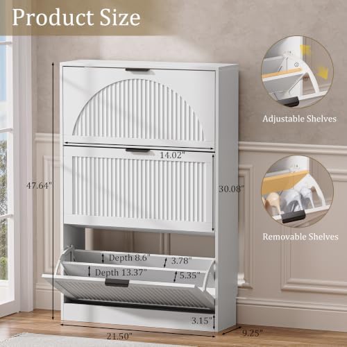 Fluted Shoe Storage Cabinet for Entryway, 3 Flip Drawers, White - Image 2