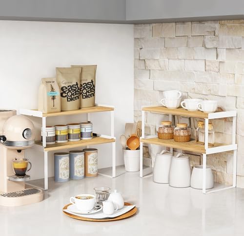 Goozii 4 Pack Stackable Cabinet Shelves Organizer, Shelf Rack with Anti-Fall Lips for Kitchen Pantry Coffee Bar Countertop Storage (Bamboo White) - Image 3