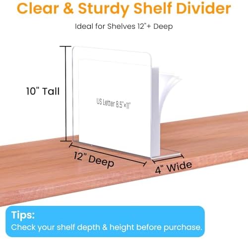 Shelf Dividers for Closet Organization – Acrylic Clear Sturdy Dividers to Keep Clothes, Sweaters & Purses Upright, Free-Standing for Wood Shelves, 10" Tall x 12" Deep, 4 Pack - Image 2