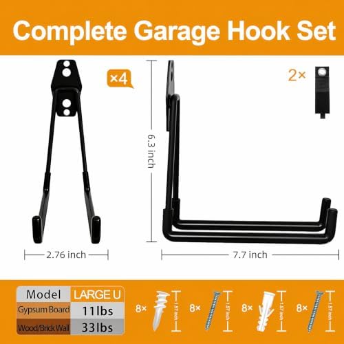 Garage Hooks, 4 Pack 7.7inch Large Square Wall Hooks for Hanging Heavy Duty Ladders, Bikes, Tools Ideal for Garage, Garden, Basement Utility Room Storage (Black) - Image 2