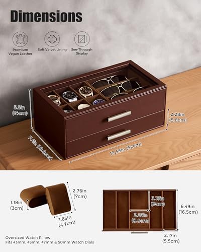 ProCase Watch Case, Mens Jewelry Box for 6 Watch & 5 Sunglasses -Brown - Image 4