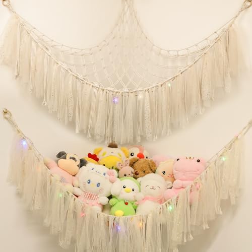 Stuffed Animal Hammock with LED Lights - 59 Inch Large Toy Storage Net for Kids Bedroom, Wall-Mounted Plush Organizer with Wooden Rings, Nursery Decor (Handwoven, White) by yelienm