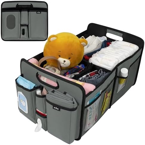 Baby Car Diaper Caddy Organizer with Changing Pad - Portable Car Caddy for Newborn Essentials, Diapers & Wipes, Perfect for Baby Shower and New Mom | Oxford Fabric, Grey by XEVAR