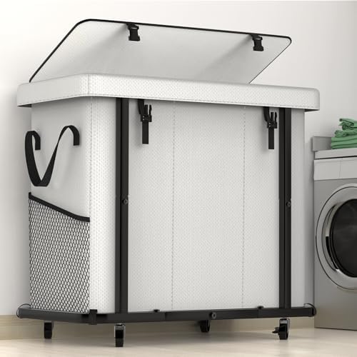 Laundry Basket with Lid, 230L Rolling Laundry Hamper with Wheels,White by Unlockyourhomestoragelife