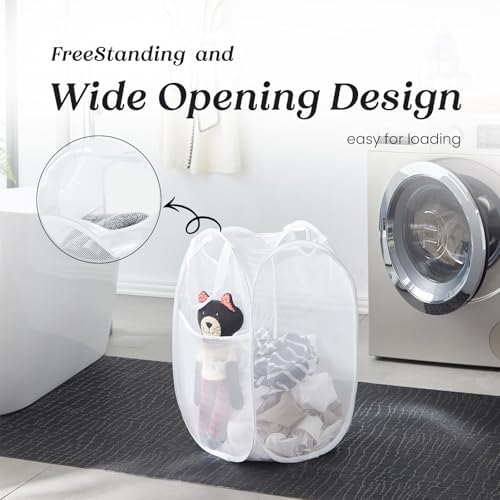 TECHMILLY Collapsible Mesh Pop Up Laundry Hamper with Sturdy Handles and Side Pocket - Portable Foldable Clothes Baskets for Dorm, Bathroom & Travel Storage (White) - Image 4