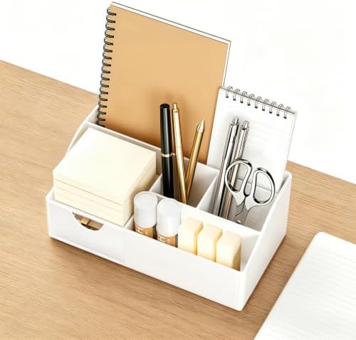 HBlife Acrylic Desk Organizer with Drawer, Pen & Pencil Holder, Multifunctional Desktop Caddy for Office Supply and Organization (White) - Image 2
