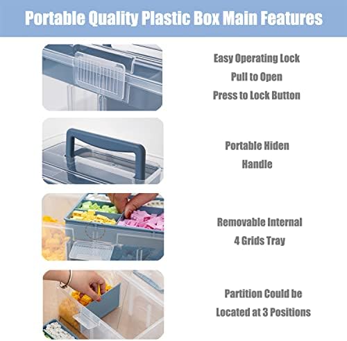 Clear Plastic Arts & Craft Supplies Organizer Box Large with a Removable Tray & A Partition & Handle, Office Home School Desktop Stationery Storage Box, Medicine Box (Clear & Ocean Blue) - Image 2