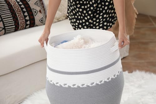 26"x20" Cottonphant Extra Large Tall Woven Laundry Basket with Lid, Cotton Rope Blanket Storage Basket, Freestanding Decorative Bin for Bedroom Living Room, White & Grey - Image 5