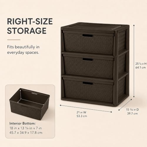 Wide 3-Drawer Plastic Storage Tower, Decorative Organizer Chest, Brown - Image 2