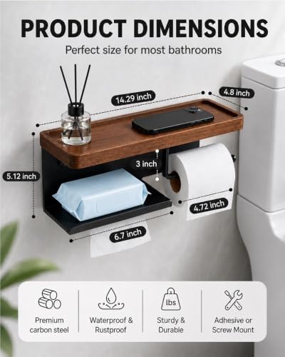 Toilet Paper Holder with Shelf, Wall Mount Walnut & Stainless Steel - Image 2