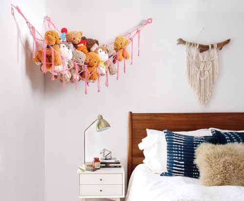 YKBU Stuffed Animals Hammock Corner Hanging Net with Tassel Macrame Stuffed Animal Storage Plush Toy Holder Toy Organizer for Boho Nursery Playroom Bedroom Kids Room (pink, large) - Image 6