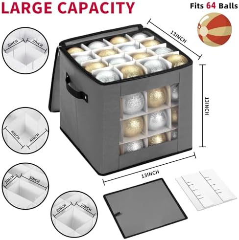 DIMESHY Christmas Ornament Storage Box Holds 64 Holiday Decorations,GRAY - Image 4