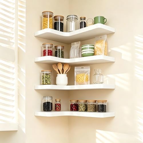 Floating Corner Shelves, Wall Shelf Set of 4, Shelves for Wall Storage, Solid Wood Shelves for Storage, Wall Mount Wooden Display Shelf for Bathroom Bedroom Kitchen Garage (White 4 Pcs) - Image 7