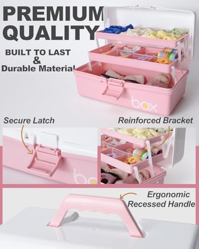 TERGOO 12in 3-Layer Plastic Craft Organizers and Storage, Portable Folding Tackle Box with Handle & Adjustable Dividers, Multipurpose Case for Sewing, Art Supplies, Medicine, Tools (White Pink) - Image 3