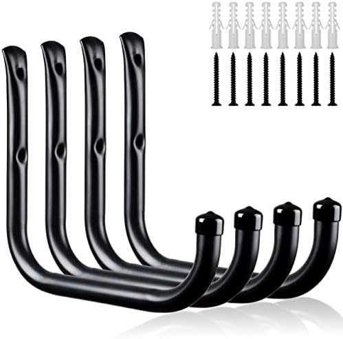 KURUI Wall Hooks for Garage Garden, 4 Pack Water Hose Holder, Large Garage Storage Hanger for Ladder Bike Extension Cord Tool, Wall Mount l Hooks, Black Heavy Duty 8 inch Long Hook by KURUI