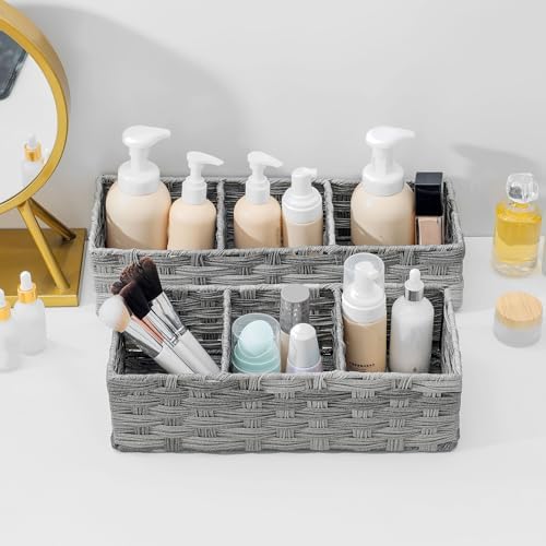 Toilet Tank Topper Paper Basket Multiuse Hand Woven Plastic Wicker Basket Bins with Divider for Shelves Rustic Farmhouse Bathroom Decor Countertop Organizer Storage - Image 3