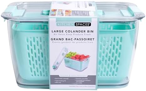 Kitchen Spaces Colander Bin, Produce Saver, Fridge Organizer With Lid, Wash, Strain and Store, Great for Refrigerator, Freezer and Pantry, X-Large, Mint Green, Pack of 1 by KitchenSpaces
