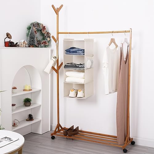 MAX Houser 4 Tier Shelf Hanging Closet Organizer, Closet Hanging Shelf with 2 Sturdy Hooks for Storage,2 Pack, Foldable (Beige) - Image 2