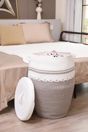 26"x20" Cottonphant Extra Large Tall Woven Laundry Basket with Lid, Cotton Rope Blanket Storage Basket, Freestanding Decorative Bin for Bedroom Living Room, Cream & Camel Marl - Image 4