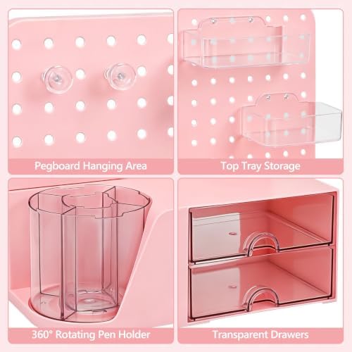 Desk Organizer with 360° Rotating Pen Holder, 5 Slots, 2 Drawers & Pegboard for Office School Art Supplies (Pink) - Image 6
