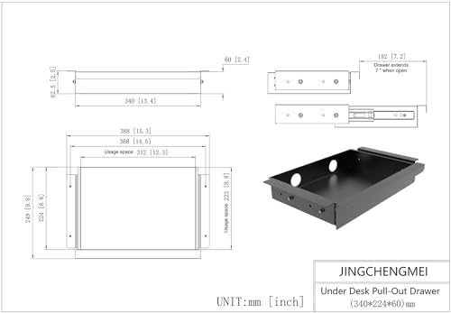 Under Desk Mounted Sliding Pull-out Drawer, W 15.3" x D 8.8" - Image 3