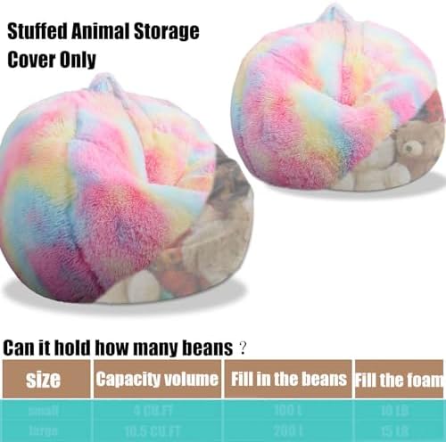 Fluffy Stuffed Animal Storage Bean Bag Chair Cover (No Filler), Faux Fur Comfy Bean Bag Cover for Organizing Plush Toys or Textile, for Adults Teens Kids Girls, Rainbow - Image 3