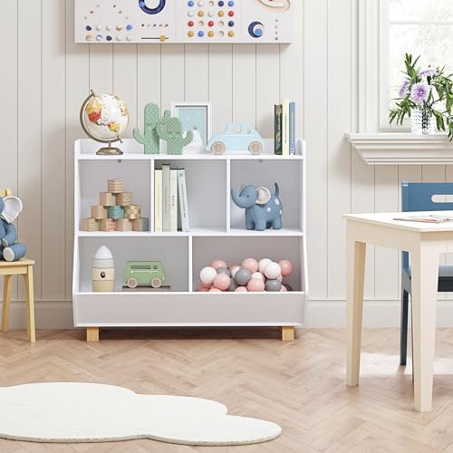 UTEX Wooden Kids Bookshelf & Toy Organizer, 5 Storage Cubes with Wood Legs - Image 3