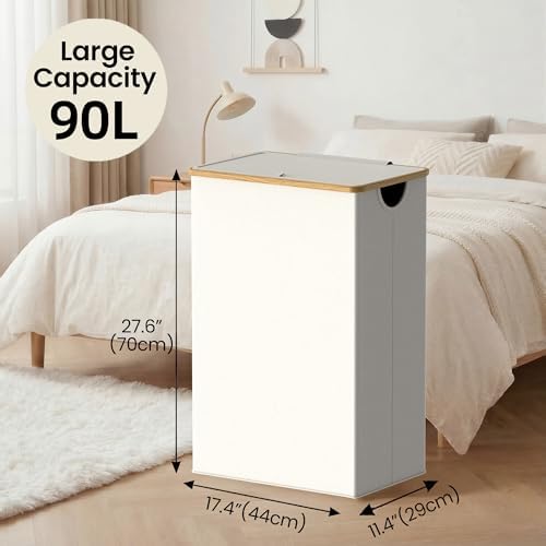 efluky Slim Laundry Hamper with Lid and Removable Bag, 90L Beige - Image 3