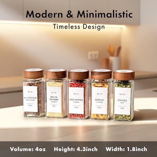 EDELHAUS Glass Spice Jars with Label, 24x Acacia Wooden Lids - White Labels - Image 2