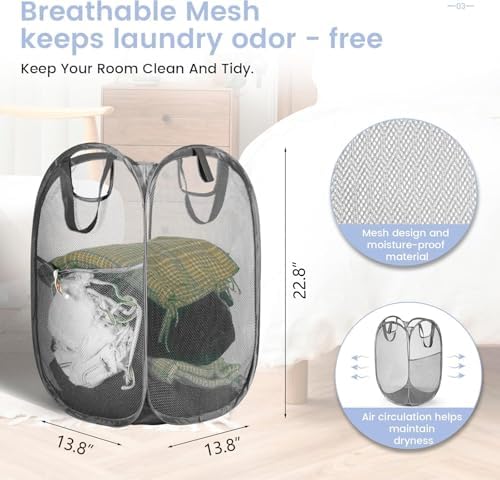HOUSE AGAIN 2Pack Strong Mesh Pop Up Laundry Hamper, 70L Collapsible Laundry Basket with Steel Frame, Double‑Stitched Handles & Side Pocket, Foldable Dirty Clothes Hamper for Dorm, Bedroom, Grey - Image 2