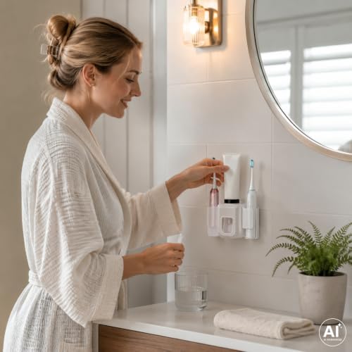 No Drill Wall Mount Electric Toothbrush Holder with Toothpaste Dispenser - Image 4