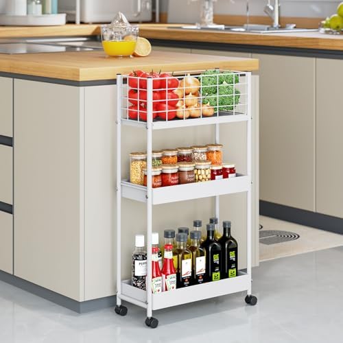 KINGRACK Slim Rolling Storage Cart, 3 Tier Metal Utility Cart, White - Image 6