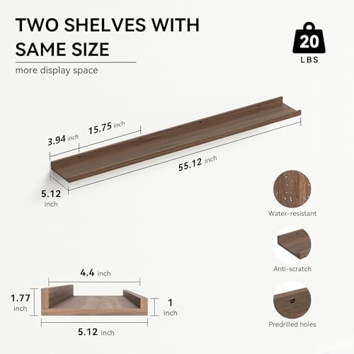 Boswillon Floating Shelves Set of 2, Long Wall Shelf with Lip, 56in, Walnut - Image 3