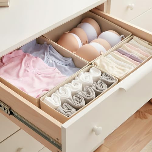 Drawer Organizer Set 6 Pack - Foldable 11" Fabric Storage Bins with Zipper Bottom for Underwear Socks Bras Baby Clothes - Closet Dresser Dividers for Bedroom Nursery, Khaki - Image 4