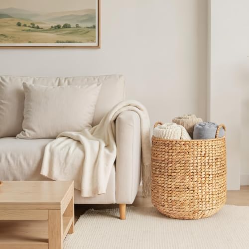 Best Choice Products Round Storage Basket w/Handles, Handwoven Water Hyacinth, Plant Holder, Storage Organizer Tote Bin for Bedroom, Living Room, Bathroom - Natural - Image 4