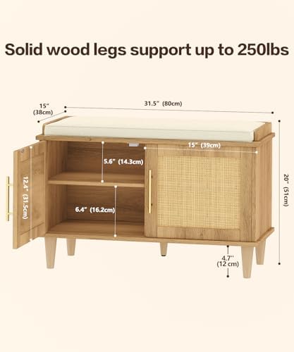 Akxomel 31.5" Rattan Shoe Storage Bench 2 Doors Wooden Entryway Bench Oak - Image 3