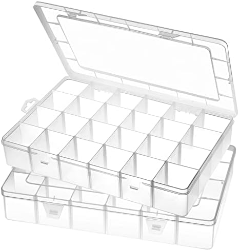 Gbivbe Large 24 Grids Plastic Organizer Box Adjustable Dividers,Clear Storage Box for Jewelry, Art DIY Crafts, Washi Tapes, Beads and Small Parts(2 Pack) by Gbivbe